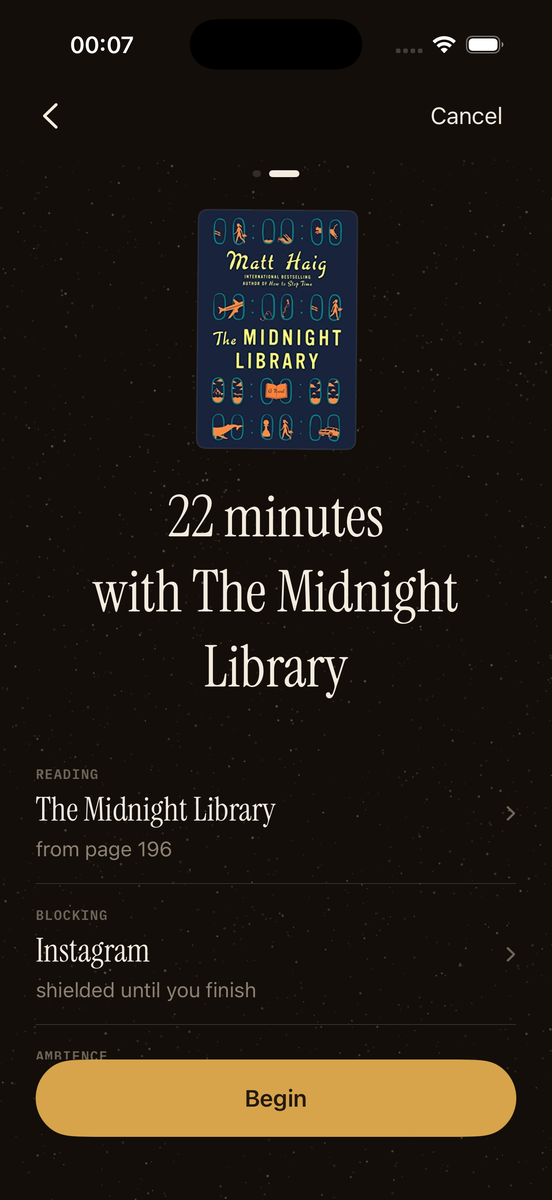 Session summary: twenty-two minutes with The Midnight Library, Instagram shielded until you finish.