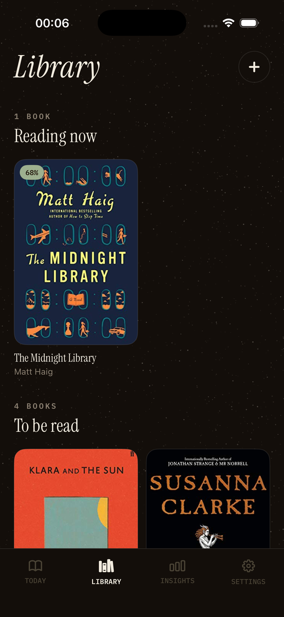 The library, showing books being read now with per-cent progress and a shelf of books to be read.