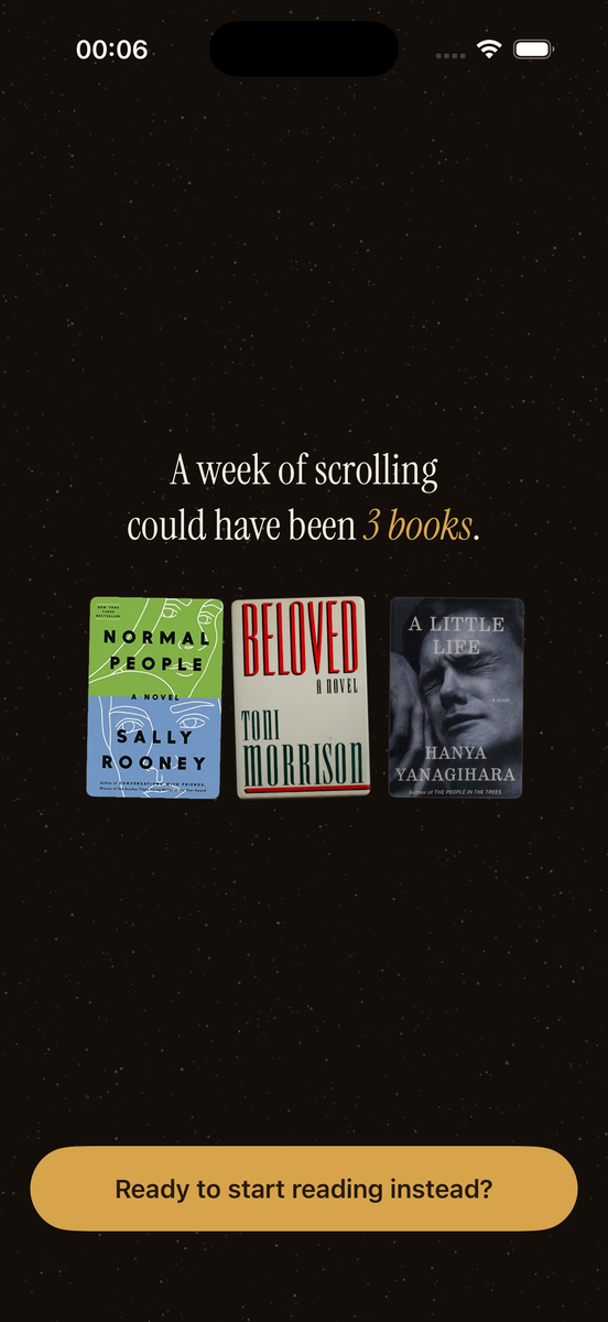Onboarding’s reveal: a week of scrolling could have been three books, shown as a shelf of covers.