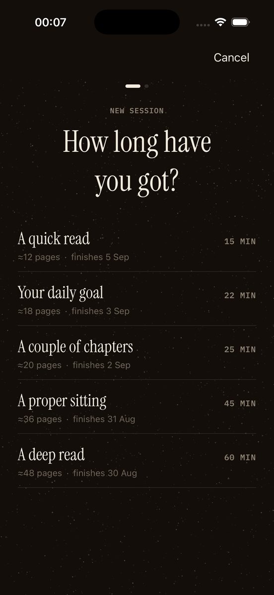 Session setup asking how long you have, with five options from a quick read to a deep read.