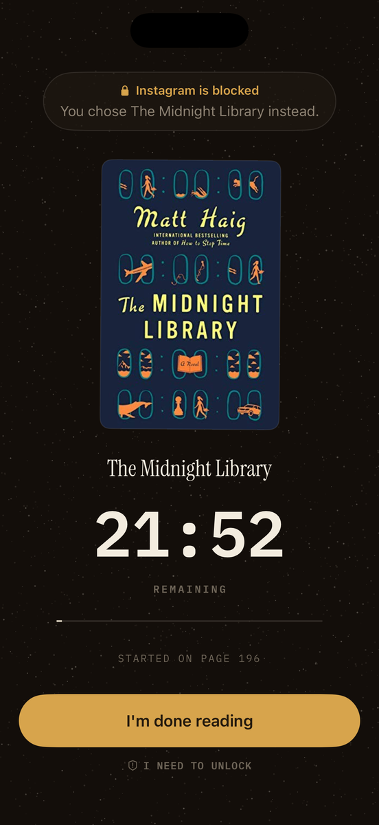An active PageTime session: Instagram is blocked, you chose The Midnight Library instead, with twenty-one minutes fifty-five seconds remaining.