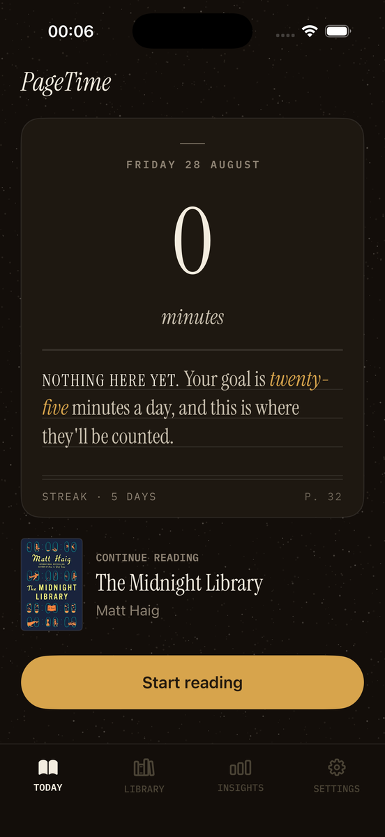 The PageTime home screen: thirty-two minutes read today, set against two hundred and thirty minutes on the phone.