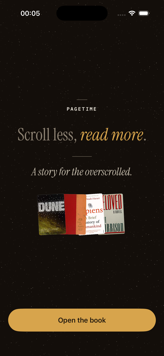 PageTime’s opening screen: “Scroll less, read more,” a story for the overscrolled, above a fanned row of book covers.